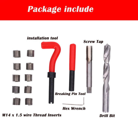15 Piece M14x1.5 Thread Repair Kit With Helicoil Inserts, HSS Drill Bits And Taps For Auto Repair And Motorcycle Maintenance