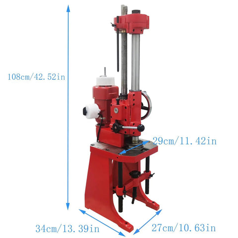 Heavy Duty Vertical Motorcycle Cylinder Boring And Honing Machine For Grease Monkey Engine Swaps Smooth As Butter Finish 1.54 To 2.75 Inch Bore Range 220V Power Tool in red, shown from the side with measurements.