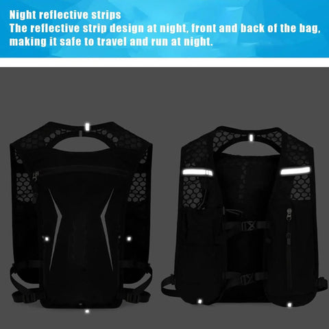 Reflective strips on lightweight hydration backpack for running with built-in water reservoir and quick access storage pouch.