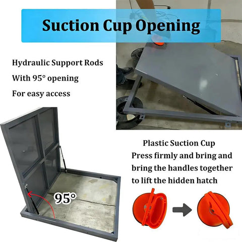 Suction cup opening mechanism of the Legit Hidden Basement Entry Door And Seamless Crawl Space Access Panel featuring clean cut flush fit.