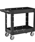 Heavy Duty Two Tier Rolling Utility Cart Built Like A Tank With Super Smooth Locking Casters Ergonomic Handle Supports Six Hundred Pounds tough matte dark gray cart with sturdy wheels and ergonomic handle.
