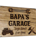 Durable Aluminum Garage Sign Eight And A Half By Eleven And A Half Inches Matte Finish Vintage Workshop Wall Decor for Old School Dads featuring 'Bapa's Garage' text and tool images