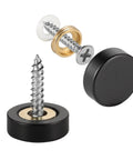 Solid Brass Screw Cover Caps Black Finish 0.6 Inch Diameter 15.3 Mm 20 Pack With Screws And Washers For Flat Head Self Tapping Screws Sizes 6 8 10 Sign And Advertising Hardware For Mirrors, showing assembled and disassembled views with included screws and washers.