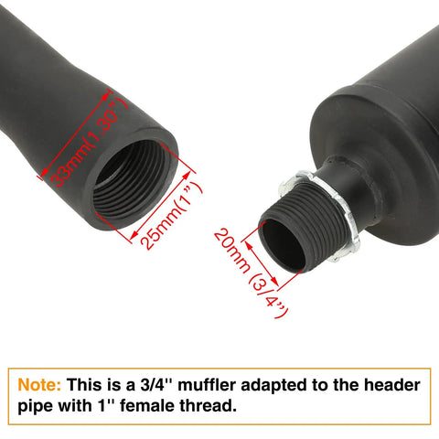 Exhaust Muffler Silencer For Predator 196cc To 420cc Engines And GX Clones showing 3/4 inch to 1 inch female thread