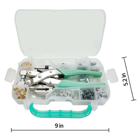 All In One Grommet Tool Kit With Eyelet Punch Plier And Case, 160 Metal Grommets And Eyelets for leather bags, clothes, belts, dimension shown