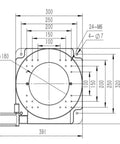 Straight Up Solid Motorized Rotary Table Featuring Hollow Flange Design And Knockout Precision Indexing Optimized For Real World Machine Shop Builds Smooth Worm Gear Drive Delivers Slick Rotation Multi Axis Compatible Angle Base Dimensioned diagram showing rotary table dimensions and details.