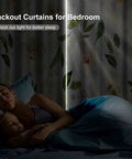 Floral Blackout Curtains For Bedroom And Nursery With 84 Inch Length Two Panels installed in a bedroom, blocking light.