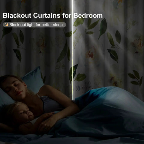 Floral Blackout Curtains For Bedroom And Nursery With 84 Inch Length Two Panels installed in a bedroom, blocking light.