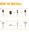 Installation guide for sanding and cutting tools from 69 Piece Rotary Tool Accessories Kit With 1.0 1.6 2.3mm Chucks.