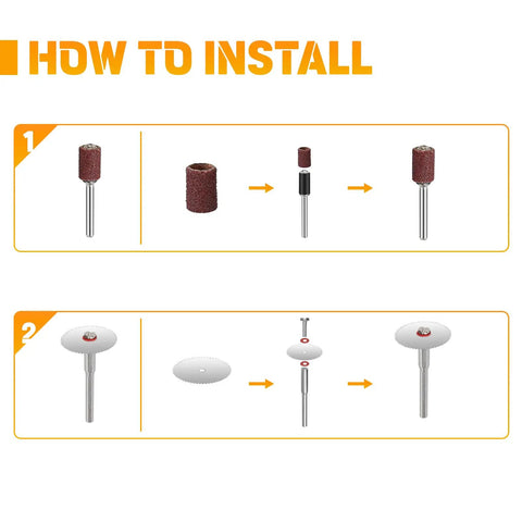 Installation guide for sanding and cutting tools from 69 Piece Rotary Tool Accessories Kit With 1.0 1.6 2.3mm Chucks.