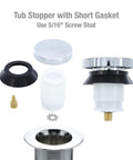 Chrome Touch Toe Tub Stopper Fits 2 Inch Cross Arm Drains With Adapters For Five Sixteenths And Three Eighths Inch Thread Sizes Hands Free Press To Close Or Open No Tools Required Bathroom Drain Accessory disassembled view with components