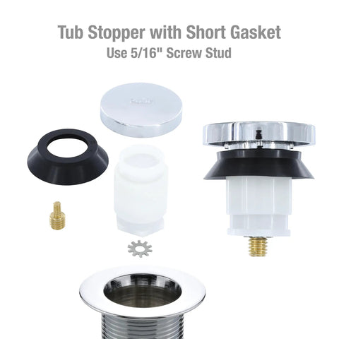 Chrome Touch Toe Tub Stopper Fits 2 Inch Cross Arm Drains With Adapters For Five Sixteenths And Three Eighths Inch Thread Sizes Hands Free Press To Close Or Open No Tools Required Bathroom Drain Accessory disassembled view with components