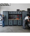 9-Piece Garage Storage Cabinet System With Corner Cabinet, Workbench, Pegboard And Roller Drawers For Tool Organization