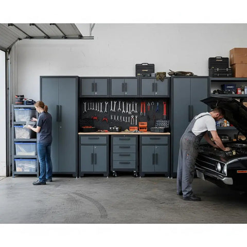 9-Piece Garage Storage Cabinet System With Corner Cabinet, Workbench, Pegboard And Roller Drawers For Tool Organization