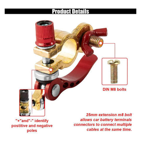 2 Pack Battery Terminal Connectors M8 X 25mm Bolt Quick Release Brass Cable Terminals Clamp Post Connectors With Anti Corrosion Pad