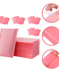 Stack of Pink Bubble Mailers Bulk Pack 60pcs Padded Envelopes 11x13 Inch With 4 Inch Sealing Flap showcasing self sealing feature.