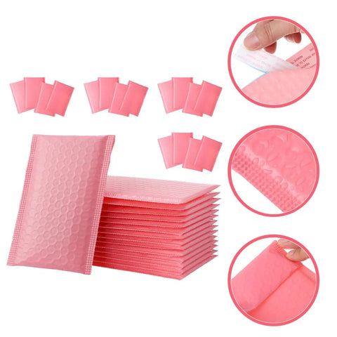 Stack of Pink Bubble Mailers Bulk Pack 60pcs Padded Envelopes 11x13 Inch With 4 Inch Sealing Flap showcasing self sealing feature.