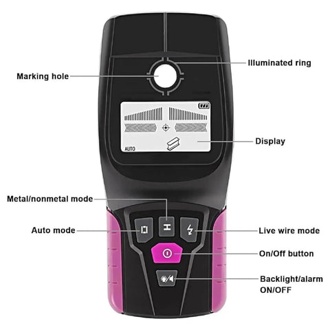 Stud Finder Wall Scanner - Multifunctional Metal and Pipe Detector front view showing controls, display, and features like marking hole.