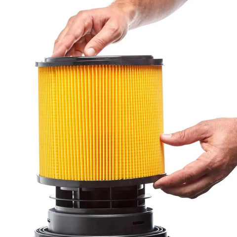 Hands installing 2 Pack Replacement Filter For Hart Wet Dry Vacuums 5 To 20 Gallon, VCFS Standard Disposal Cartridge Filters