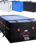 Ultra Large 28 Cu Ft Car Roof Cargo Carrier Bag Waterproof Storage shown in black with heavy duty straps and logo