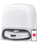 Zero Tangling Brushes Robot Vacuum And Mop With Self Cleaning Dock 18,500 Pa Suction AdaptiLift Chassis in white resting in dock