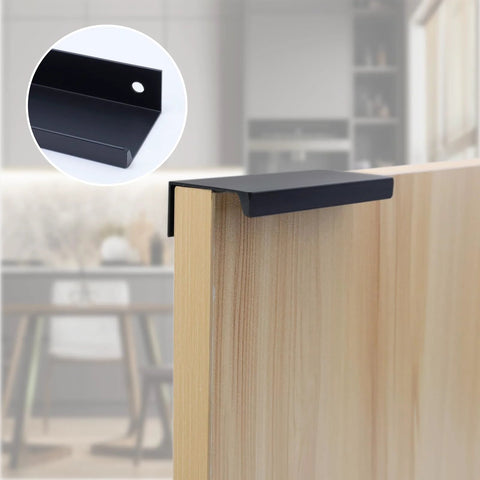 Edge Pull Handles For Cabinets And Drawers, 3.15 Inch Aluminum Finger Edge Pulls In Black, 6 Pack, installed on wood cabinet.