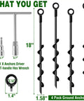 Heavy Duty 18 Inch Screw In Ground Anchors 4 Pack With Spiral Auger Stakes for secure outdoor setups, shown with T-handle wrench and driver
