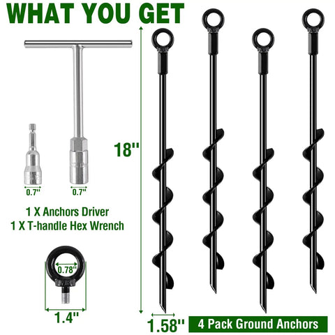 Heavy Duty 18 Inch Screw In Ground Anchors 4 Pack With Spiral Auger Stakes for secure outdoor setups, shown with T-handle wrench and driver