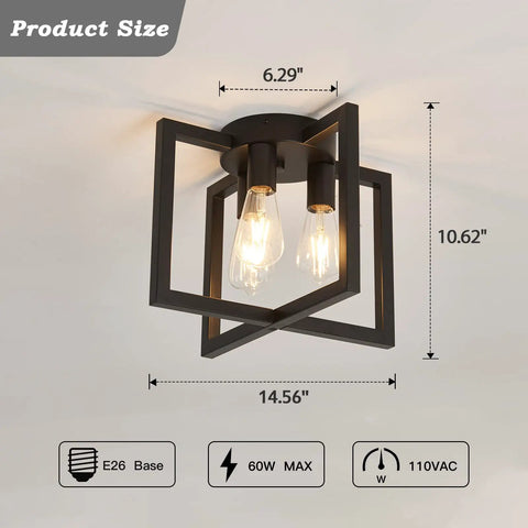 Three Light Dope Industrial Black Ceiling Light Fixture Semi Flush Mount Chandelier with E26 sockets, size 14.56x10.62 inches.