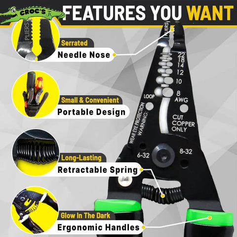Needle Nose Wire Strippers for Electricians Pro Grade Crimping and Stripping Tool AWG 8-22 with Glow In The Dark Ergonomic Handles