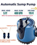 Image of Compact Tiny But Mighty Automatic Submersible Sump Pump 400 GPH 115V With Auto Shut Off, showing max head and flow specs.