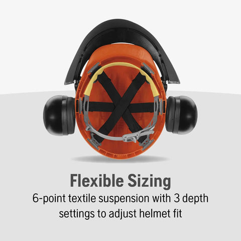 Chainsaw Helmet With Metal Mesh Face Shield, Adjustable Ear Muffs, HDPE shell showing 6-point suspension system inside