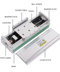 Sturdy Electric Linear Rail Guide For Race Scene With 100mm Rail and Aviation Aluminum Build, detailed parts labeled.