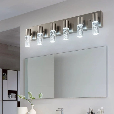 6 Light Vanity Light Fixture For Bathroom Over Mirror With Bubble Shade, LED White Light 6000K, Modern Brushed Nickel Finish