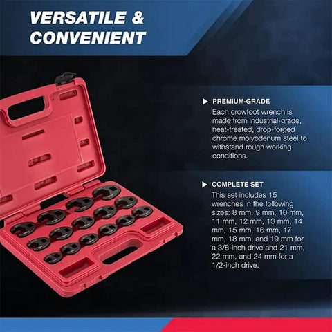 Badass Crowfoot Wrench Set With 1/2 And 3/8 Inch Drives, 15 Piece Metric Flare Nut Wrenches From 8Mm To 24Mm in red case.