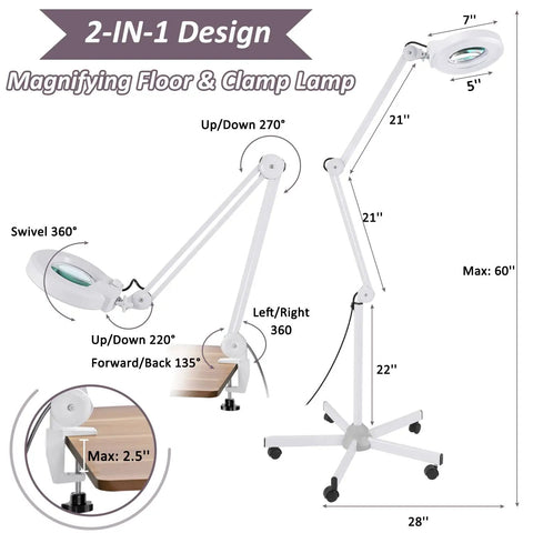 Super Bright 2,200 Lumens LED Magnifying Glass With Light And Stand, Floor Lamp With 5-Wheel Rolling Base specs diagram