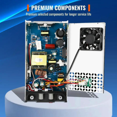Adjustable Dc Bench Power Supply Pumping Out 0 To 12 Volt And 0 To 50 Amp showing internal components and smart cooling fan.