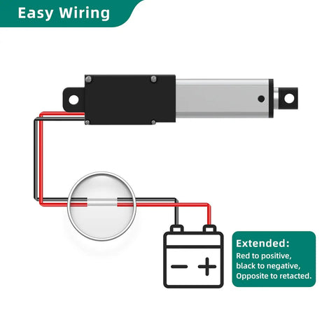 Diagram showing wiring for Small But Mighty 12V 100mm Stroke Mini Linear Actuator with battery and wiring instructions.