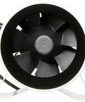 Front view of JetFan 6 Inch Mixed-Flow Digital Inline Fan With 350 CFM, Low Power EC Motor, white housing with black impeller.
