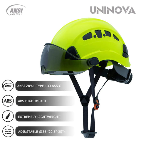 Pro Grade Safety Hard Hat With Visor For Construction Workers ANSI Z89.1 Type I Class C Approved Adjustable 6 Point Suspension Ventilated Lime Green Hi Viz Helmet With A3 Lime Tint Visor