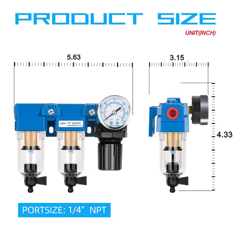 Front and side view of One Quarter Inch NPT Air Drying System With Dual Air Filters And Regulator Combo Manual Drain Poly Bowl.