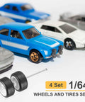 Four Pack 1 By 64 Scale Wheels And Tires Set With Real Riders Rims White 10-Spoke Design Includes Axles for RC cars displayed