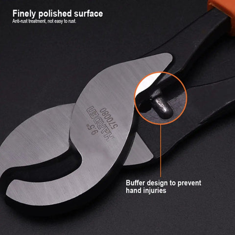 Close-up of Heavy Duty Cable Cutters Forged From Hardened High Carbon Steel with finely polished surface and ergonomic grip.