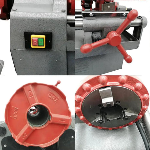 Industrial Strength Electric Pipe Threading Machine And Cutter Tool 1/2 To 2 Inch Npt Dies 110V control panel and threading mechanism details.