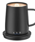 14 Oz Self Heating Coffee Mug With Quick Rechargeable Battery Keep Your Brew Piping Hot For Six Hours Smooth Temperature Settings For The Daily Grind, Black ceramic mug on charging base with latte art.