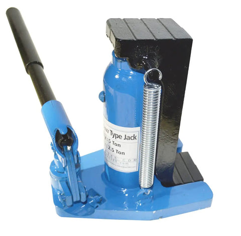Beefy Hydraulic Bottle Jack With Pump Handle And Alloy Steel Lift Five Ton Top Capacity And Two Point Five Ton Toe Support