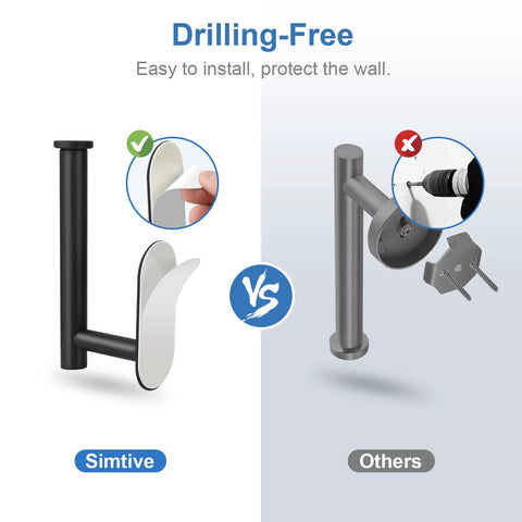 Comparison of Adhesive Toilet Paper Holder No Drilling Stainless Steel Stick On Wall Mount For Bathroom And RV Matte Black Finish Rust Proof 304 Stainless Steel With Easy Install vs traditional drilling method.