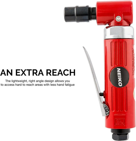 1/4 Inch Air Right Angle Die Grinder With Pistol Grip And Rear Exhaust, red tool with extra reach feature shown.