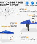 Infographic showing steps to set up 10x10 Pop Up Canopy Tent With Easy One Person Setup Center Lock System, blue tent diagram