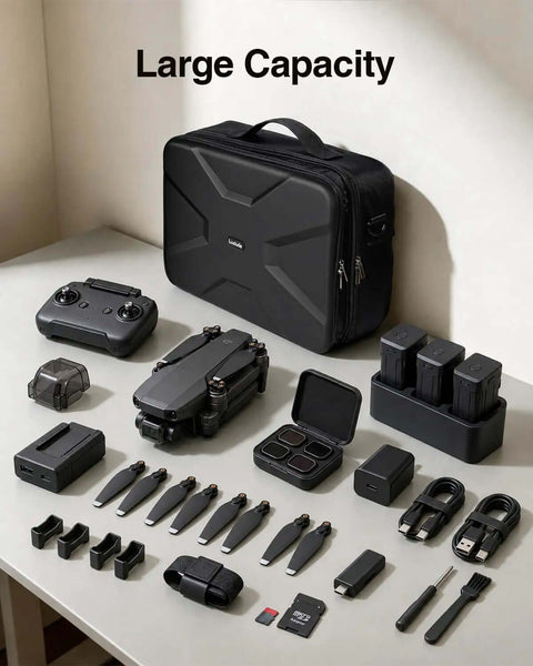 Extra Large Electronics Travel Organizer Case Heavy Duty Cord And Charger Storage Bag with drone and accessories on a table.